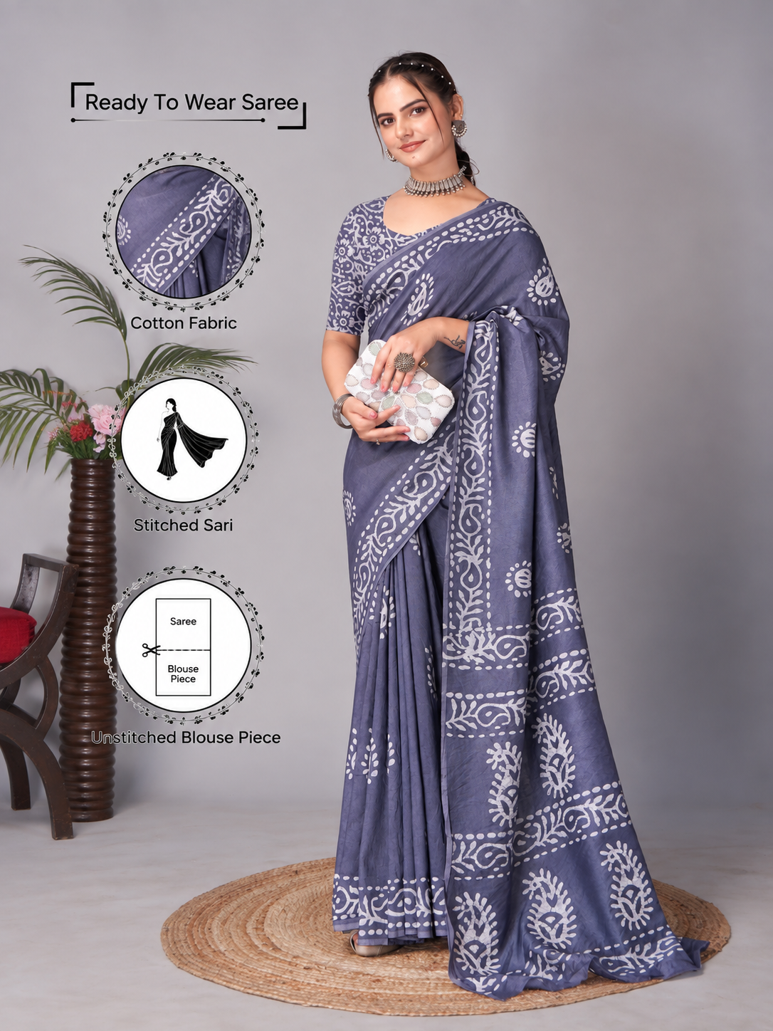 Ready to wear mulmul cotton printed saree – grey