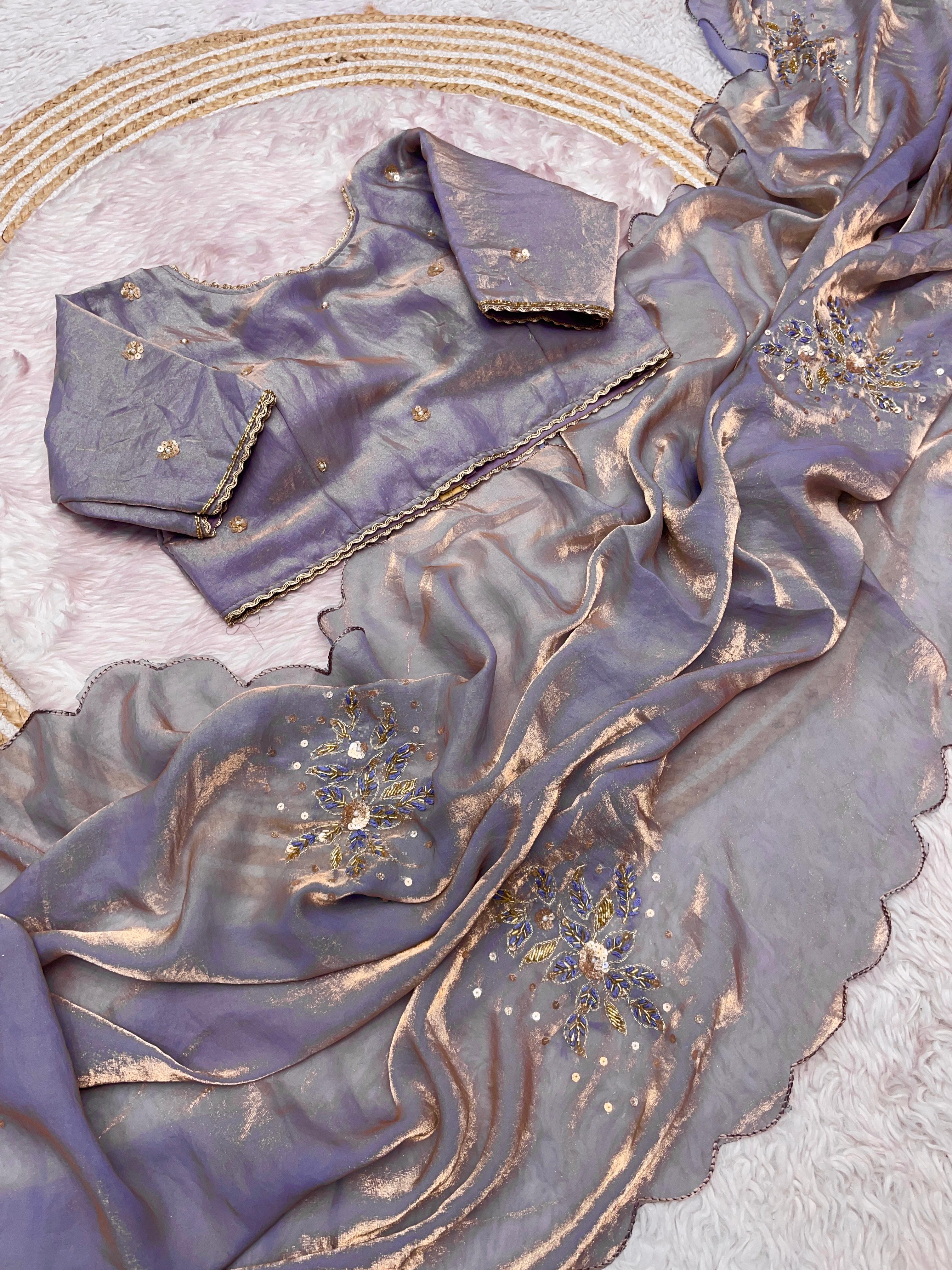 Fandy Satin Khatli Handwork Saree With Stiched Blouse