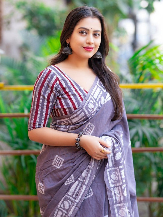 Hot Pink Mul Cotton Printed Saree with Contrast Border - Pionex Fab