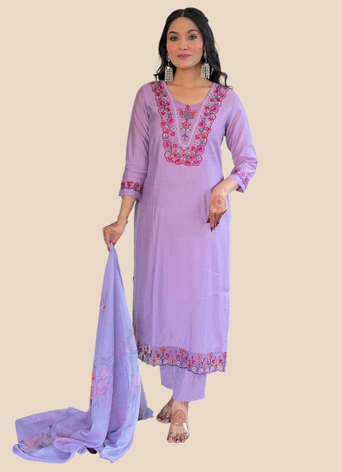 Rayon Lavender Embroidered Kurta Set