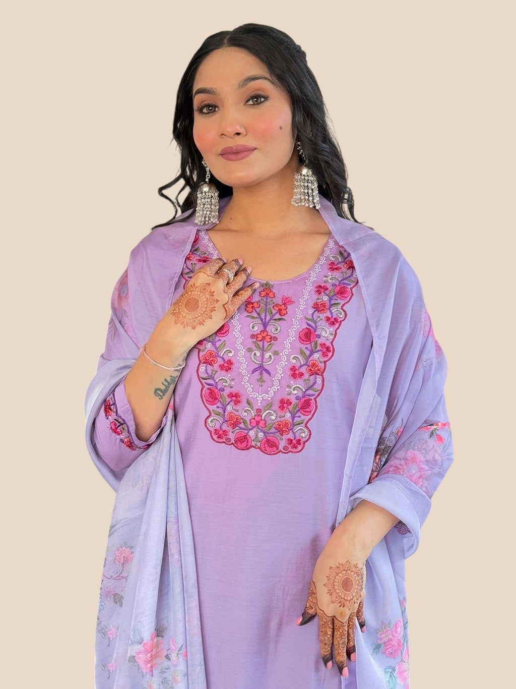 Rayon Lavender Embroidered Kurta Set