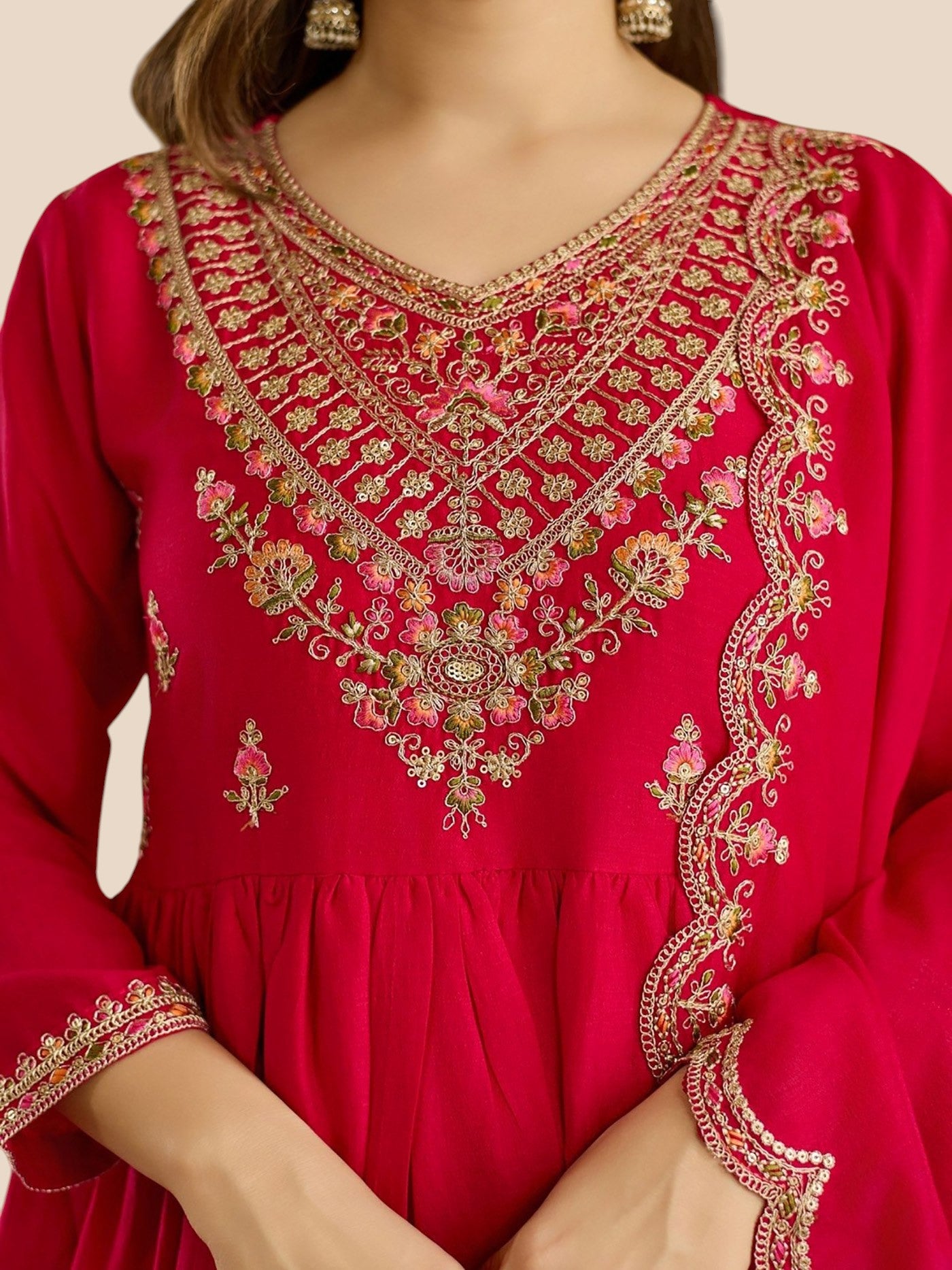 Rani Pink Zari Embroidered Georgette Anarkali Set