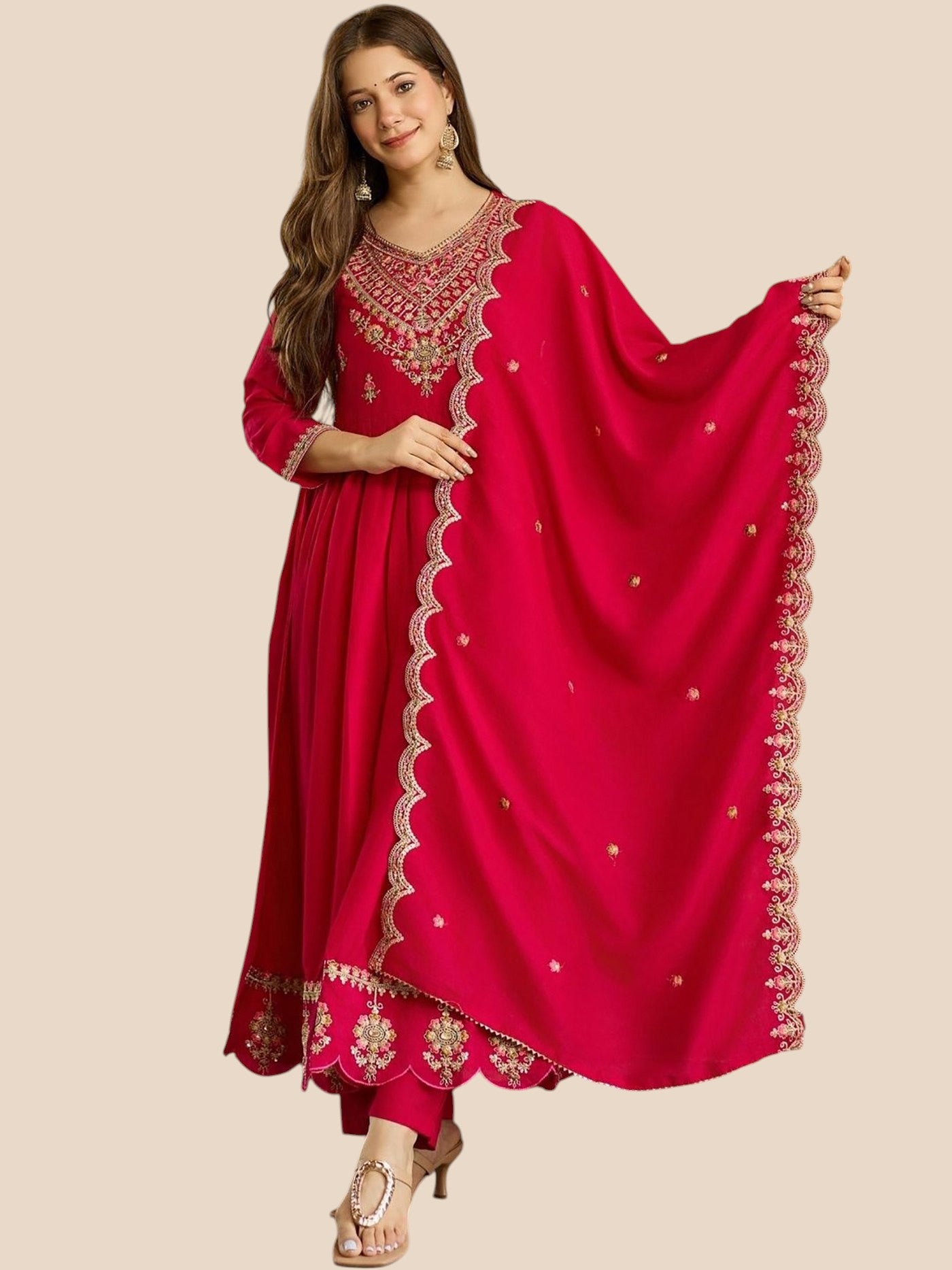 Rani Pink Zari Embroidered Georgette Anarkali Set