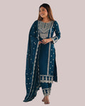 Teal Blue Zari Embroidered Silk Kurti Set - Pionex Fab