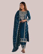 Teal Blue Zari Embroidered Silk Kurti Set