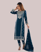 Teal Blue Zari Embroidered Silk Kurti Set