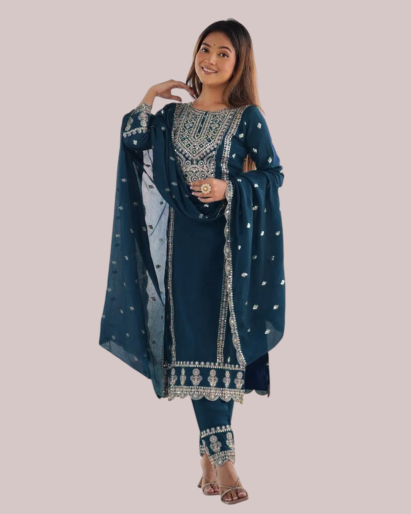 Teal Blue Zari Embroidered Silk Kurti Set