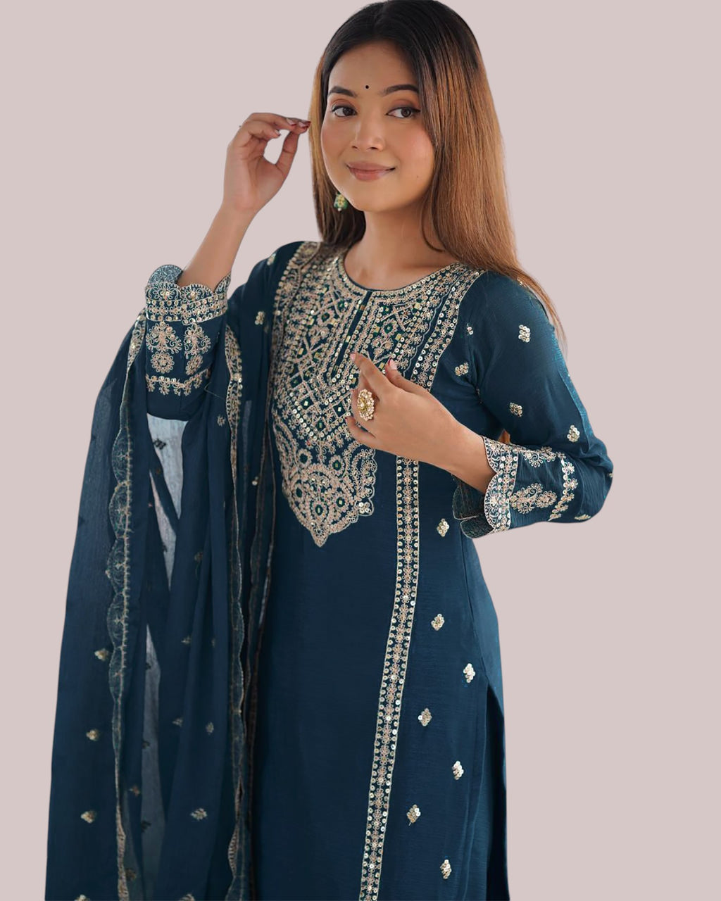Teal Blue Zari Embroidered Silk Kurti Set