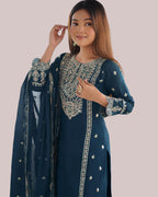 Teal Blue Zari Embroidered Silk Kurti Set