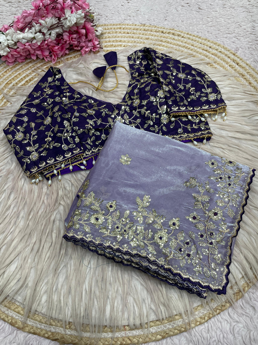 Fendy Satin Embroidered Saree With Stitched Blouse
