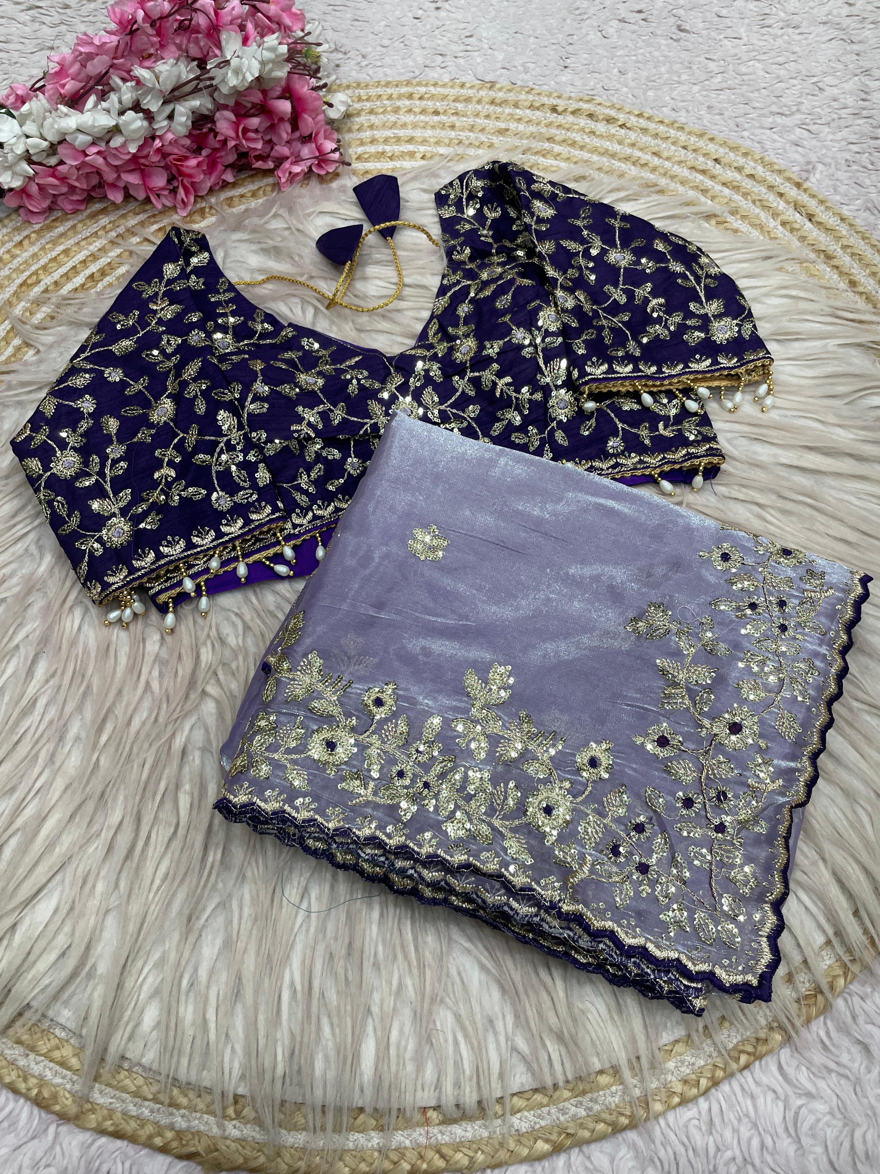 Fendy Satin Embroidered Saree With Stitched Blouse