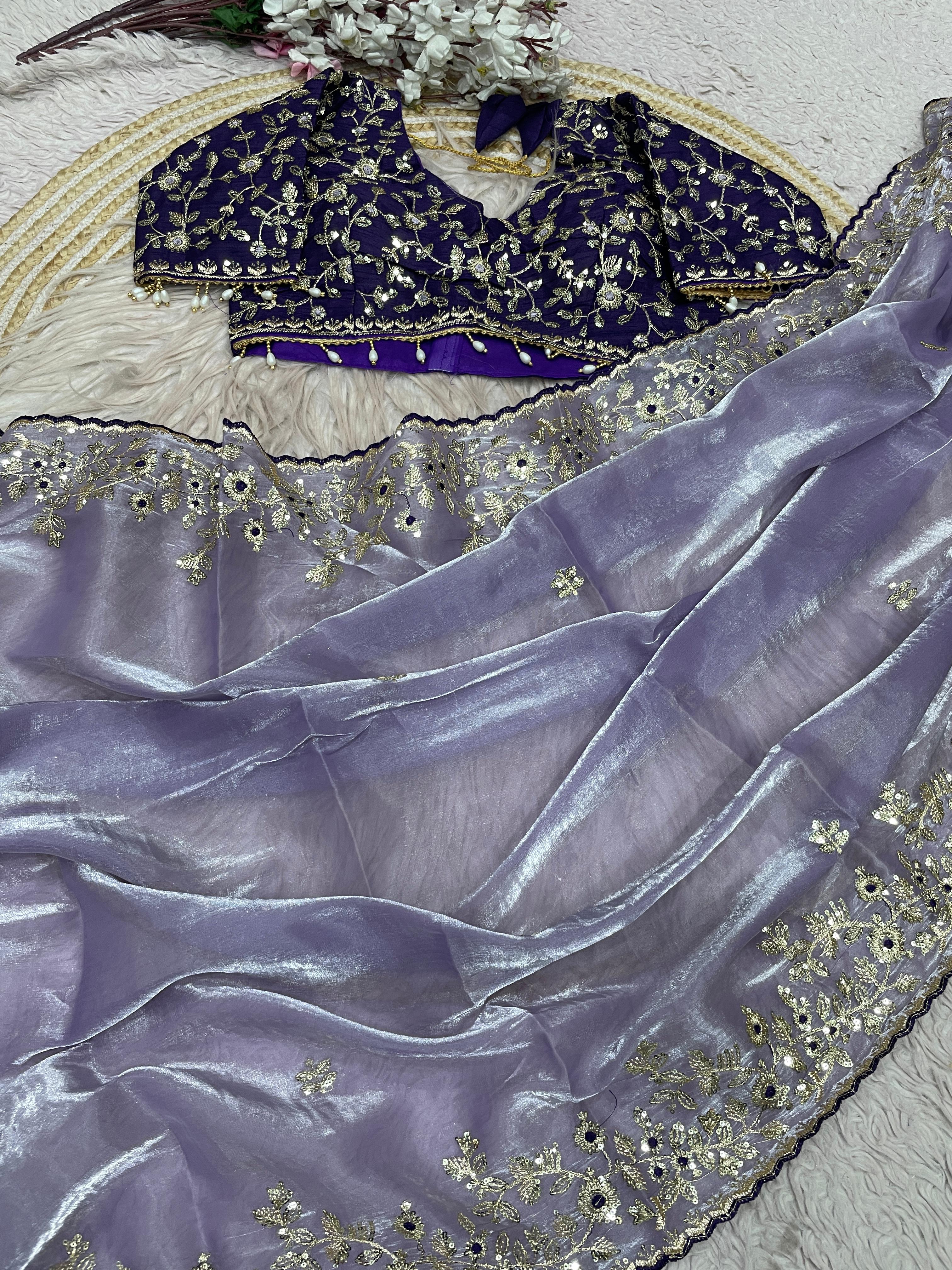 Fendy Satin Embroidered Saree With Stitched Blouse