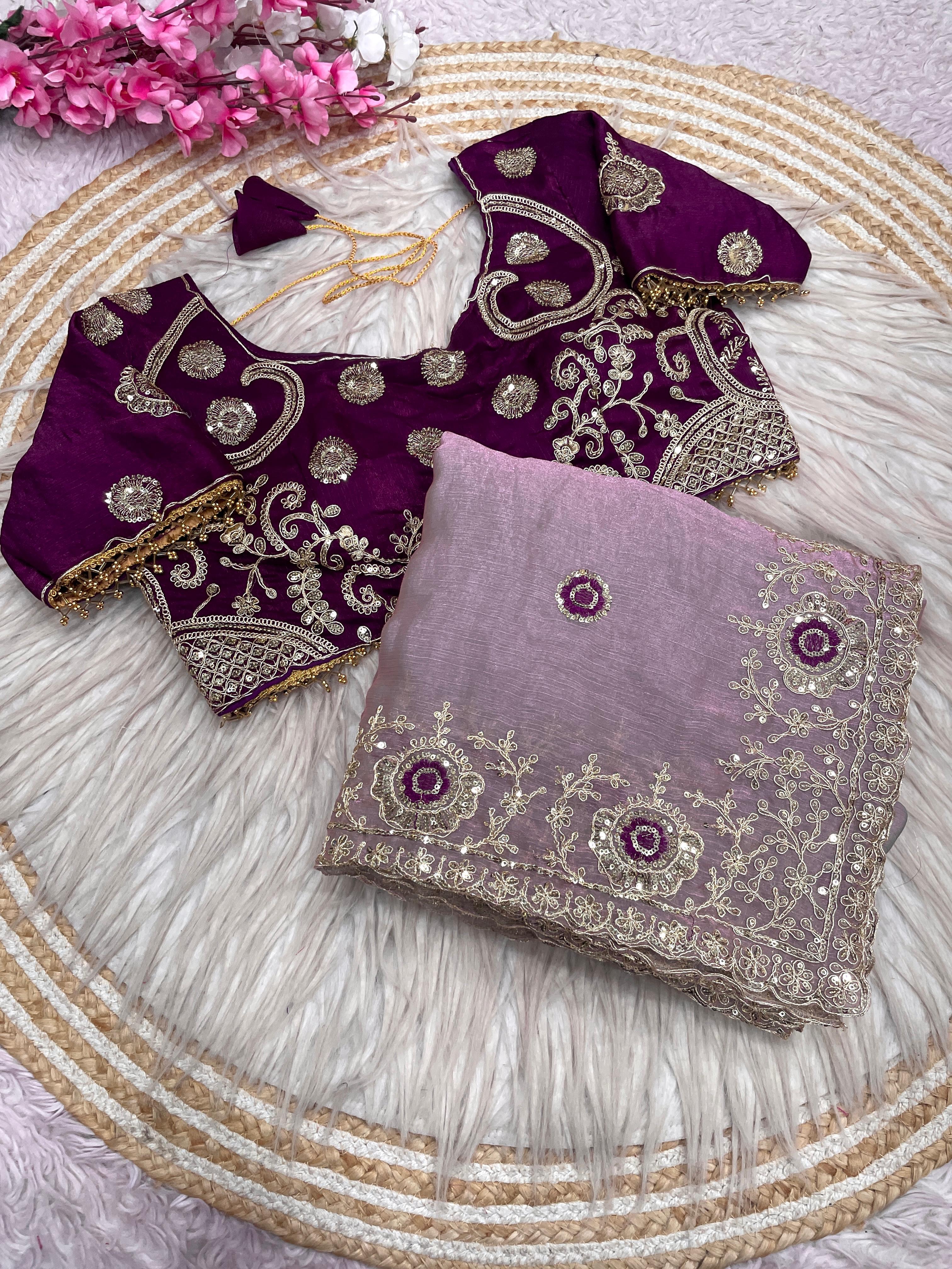 Fendy Chiffon Two-Tone Embroidered Saree with Sequins Work