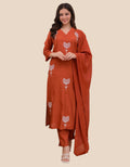 Womens's Rust Orange Rayon Silk 3-piece Kurta Set - Pionex Fab
