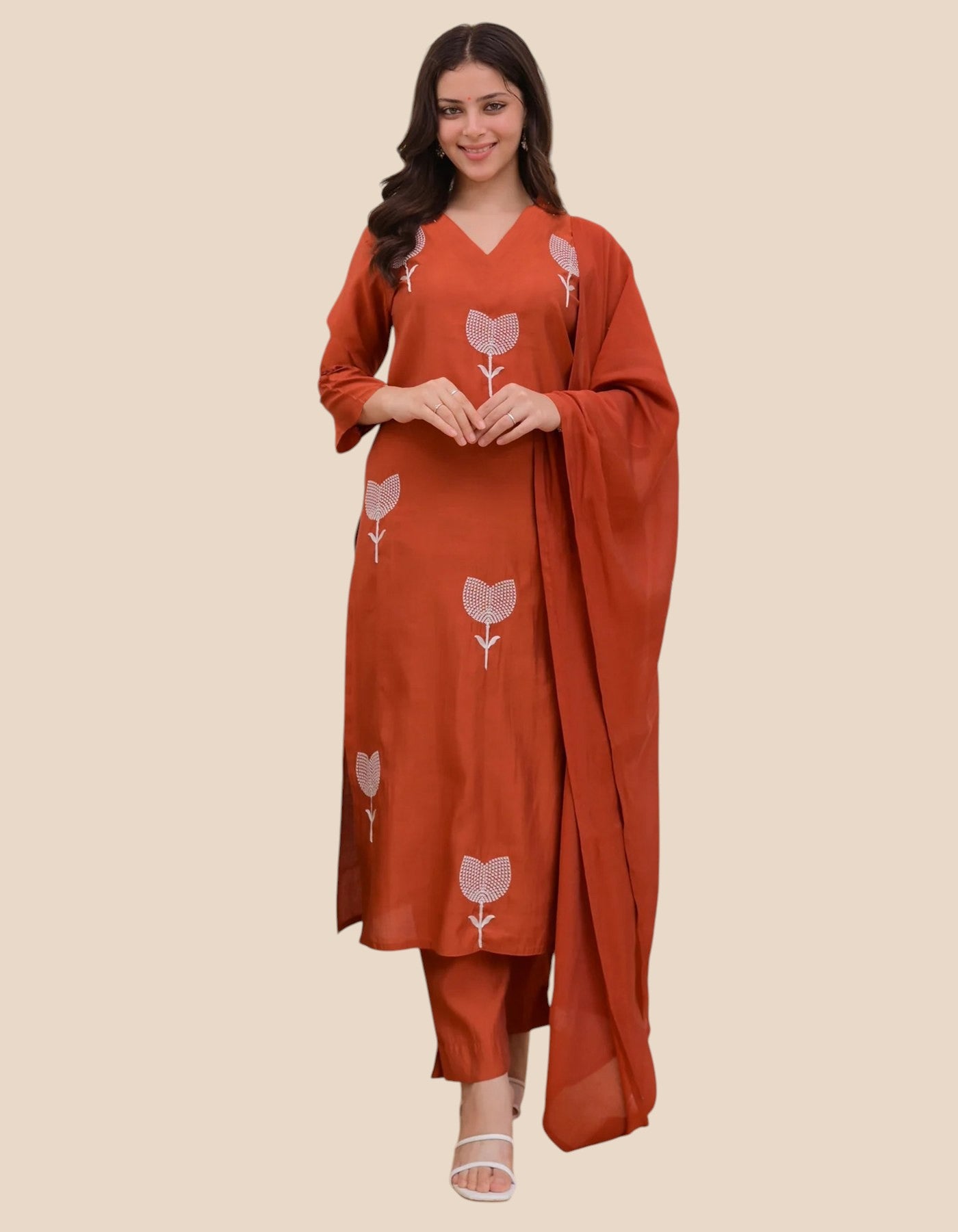 Womens's Rust Orange Rayon Silk 3-piece Kurta Set
