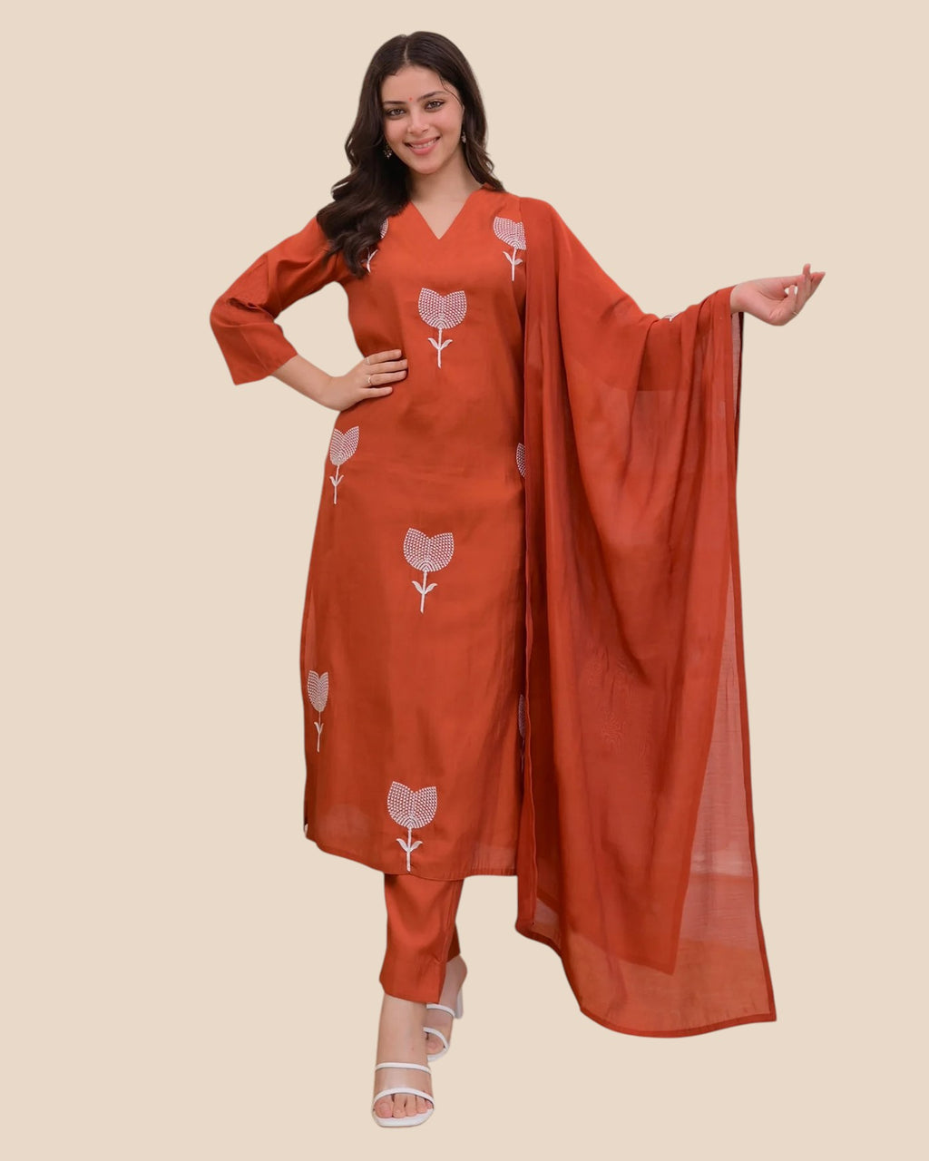 Womens's Rust Orange Rayon Silk 3-piece Kurta Set