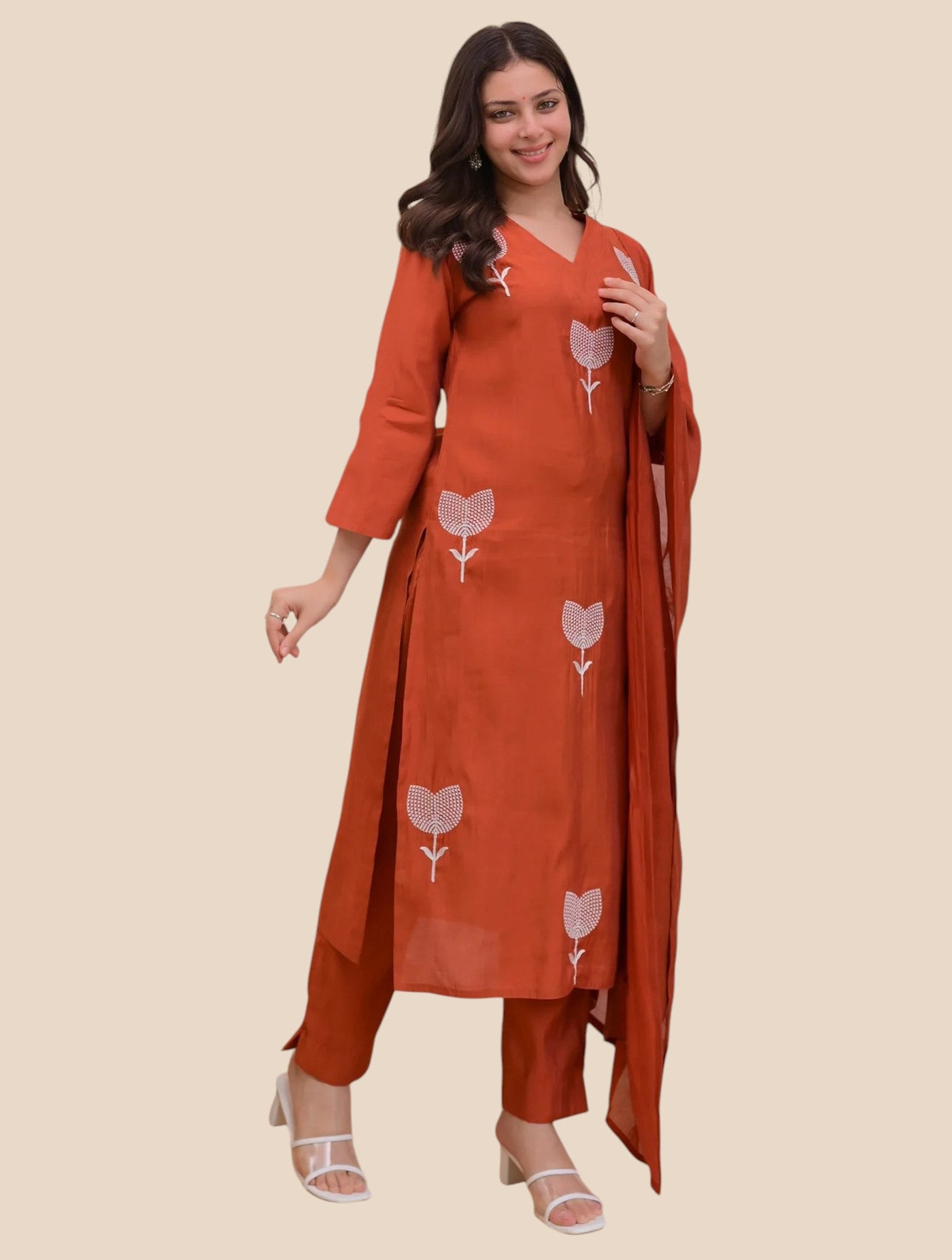 Womens's Rust Orange Rayon Silk 3-piece Kurta Set