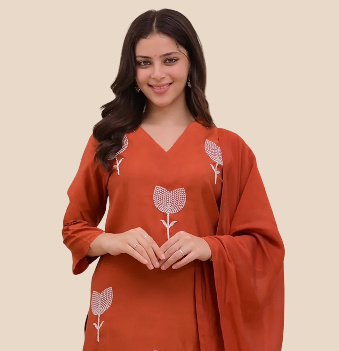 Womens's Rust Orange Rayon Silk 3-piece Kurta Set