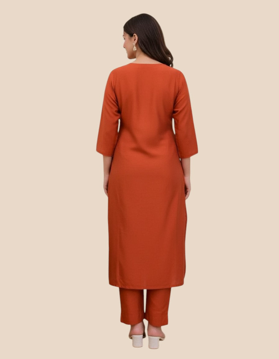 Womens's Rust Orange Rayon Silk 3-piece Kurta Set