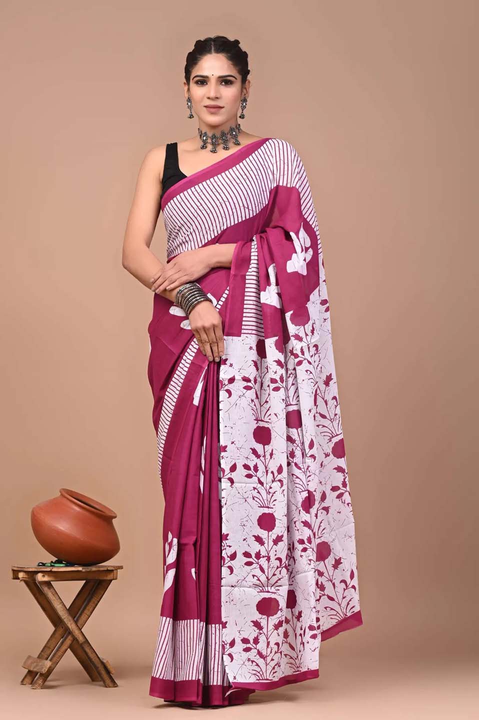 Ready to Wear Jaipuri Mul Cotton Saree for Women | Ikat Batik Printed Pre-Draped Saree