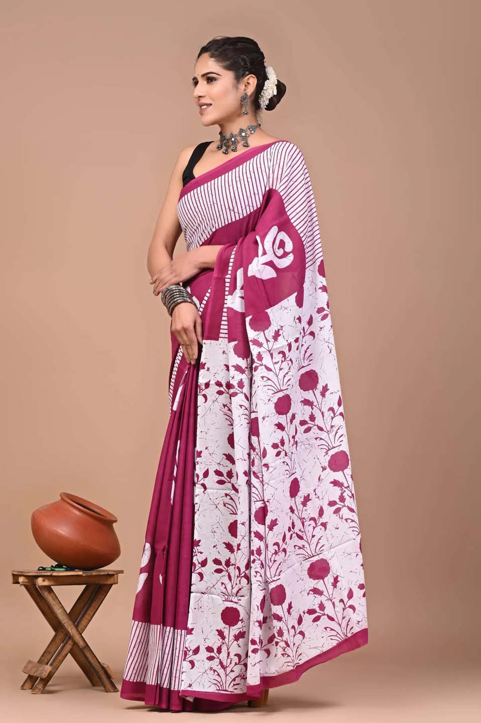 Ready to Wear Jaipuri Mul Cotton Saree for Women | Ikat Batik Printed Pre-Draped Saree