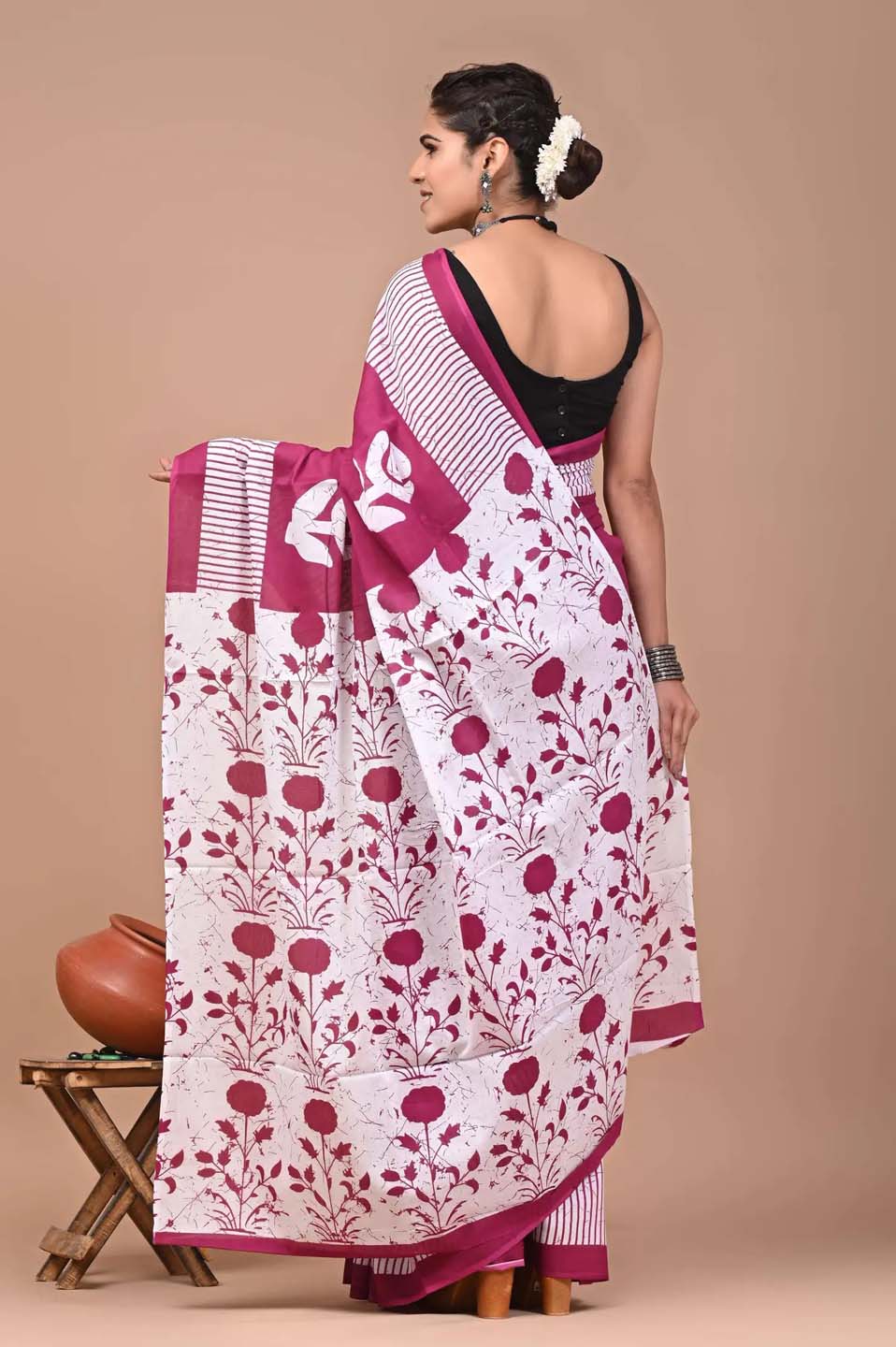 Ready to Wear Jaipuri Mul Cotton Saree for Women | Ikat Batik Printed Pre-Draped Saree