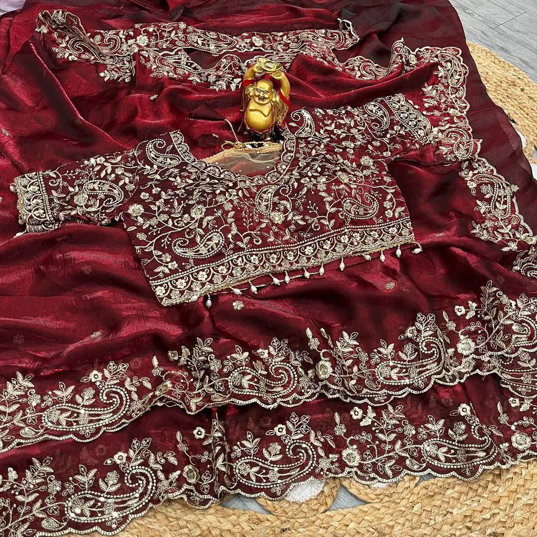 Fendy Satin Embroidered Saree With Stitched Blouse