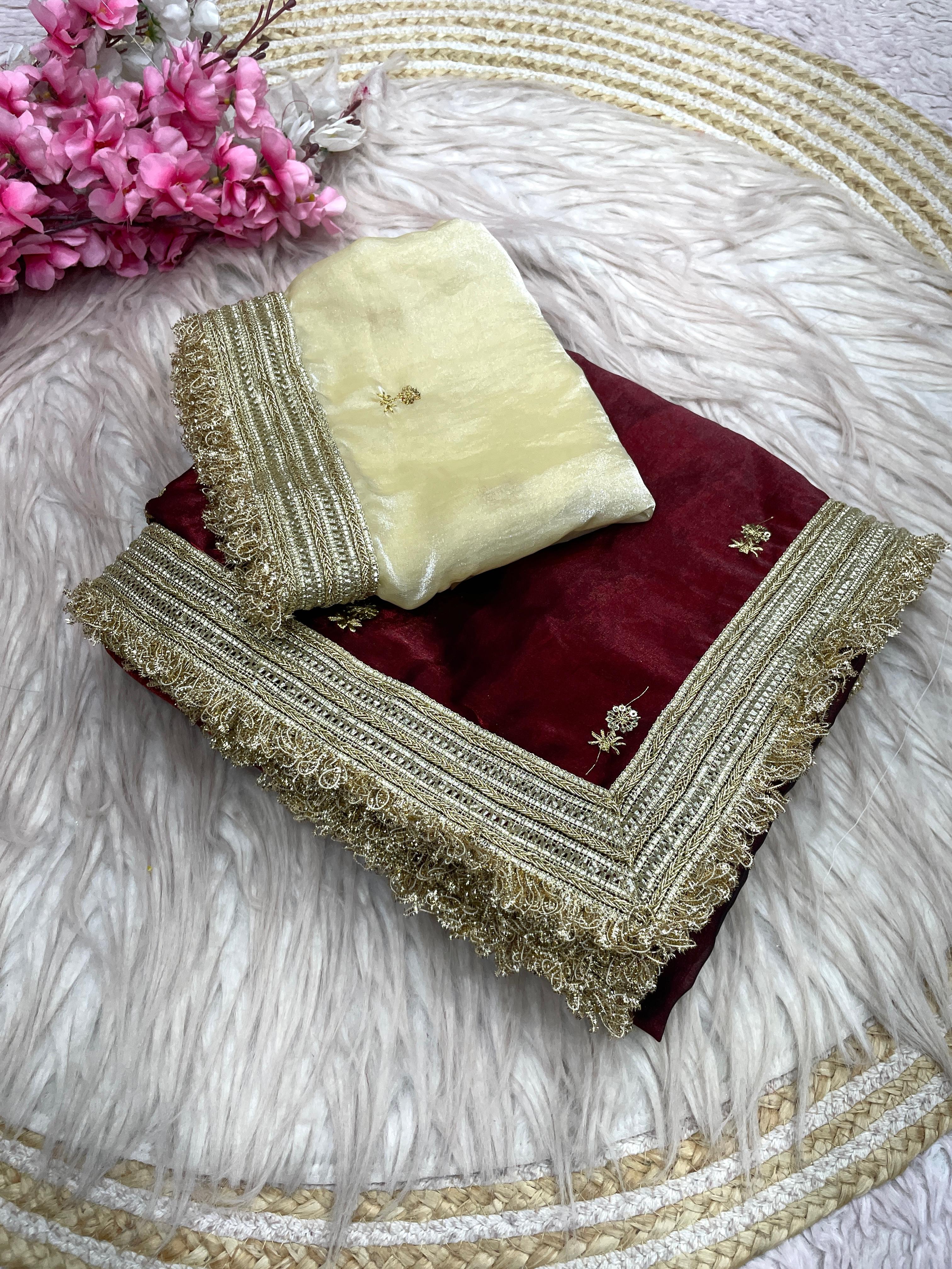 Fandy Satin Saree with Sequin Butti Work and Lace Border
