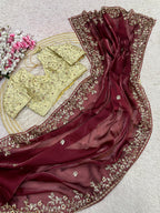 Fendy Satin Embroidered Saree With Stitched Blouse