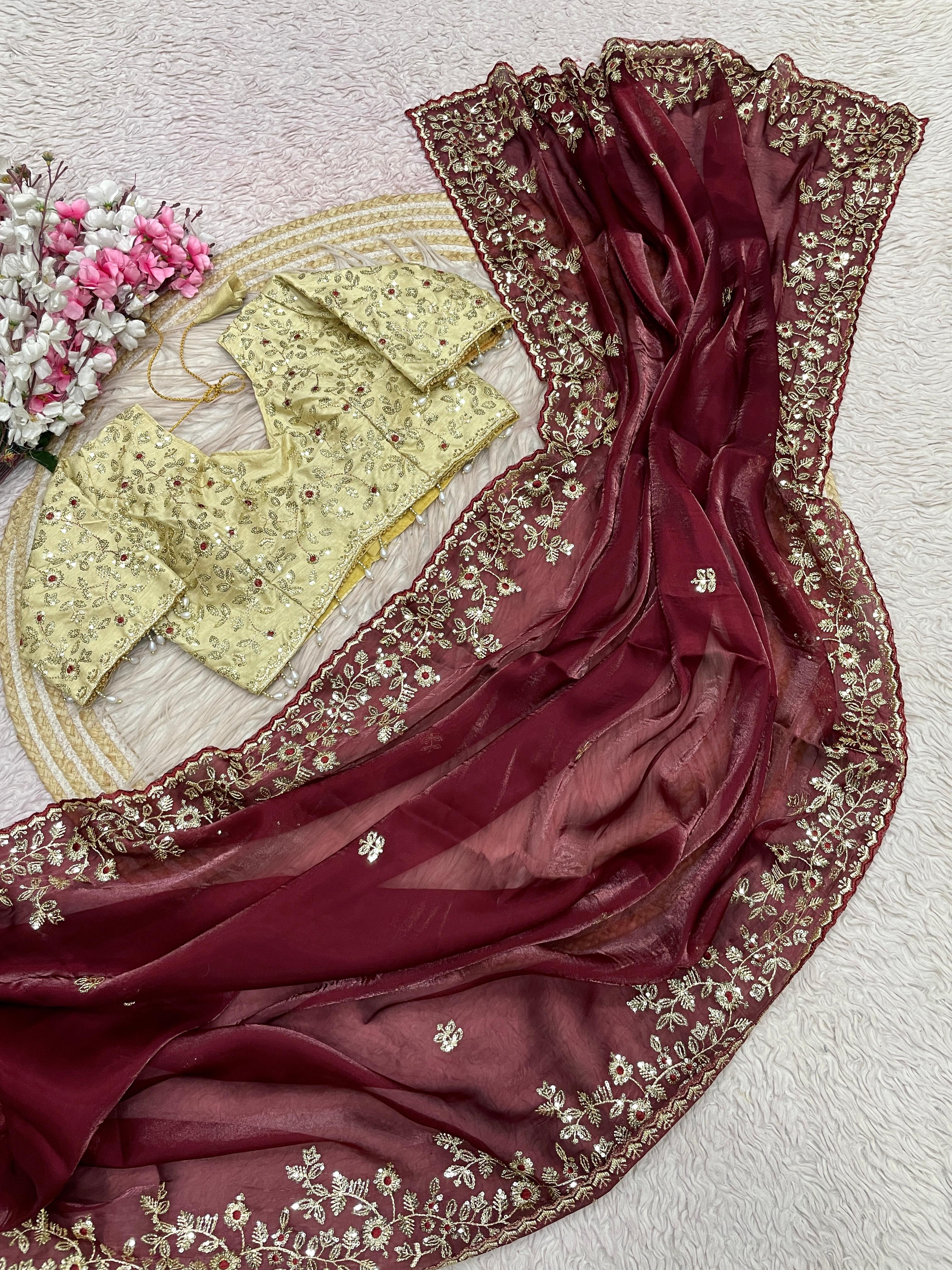 Fendy Satin Embroidered Saree With Stitched Blouse