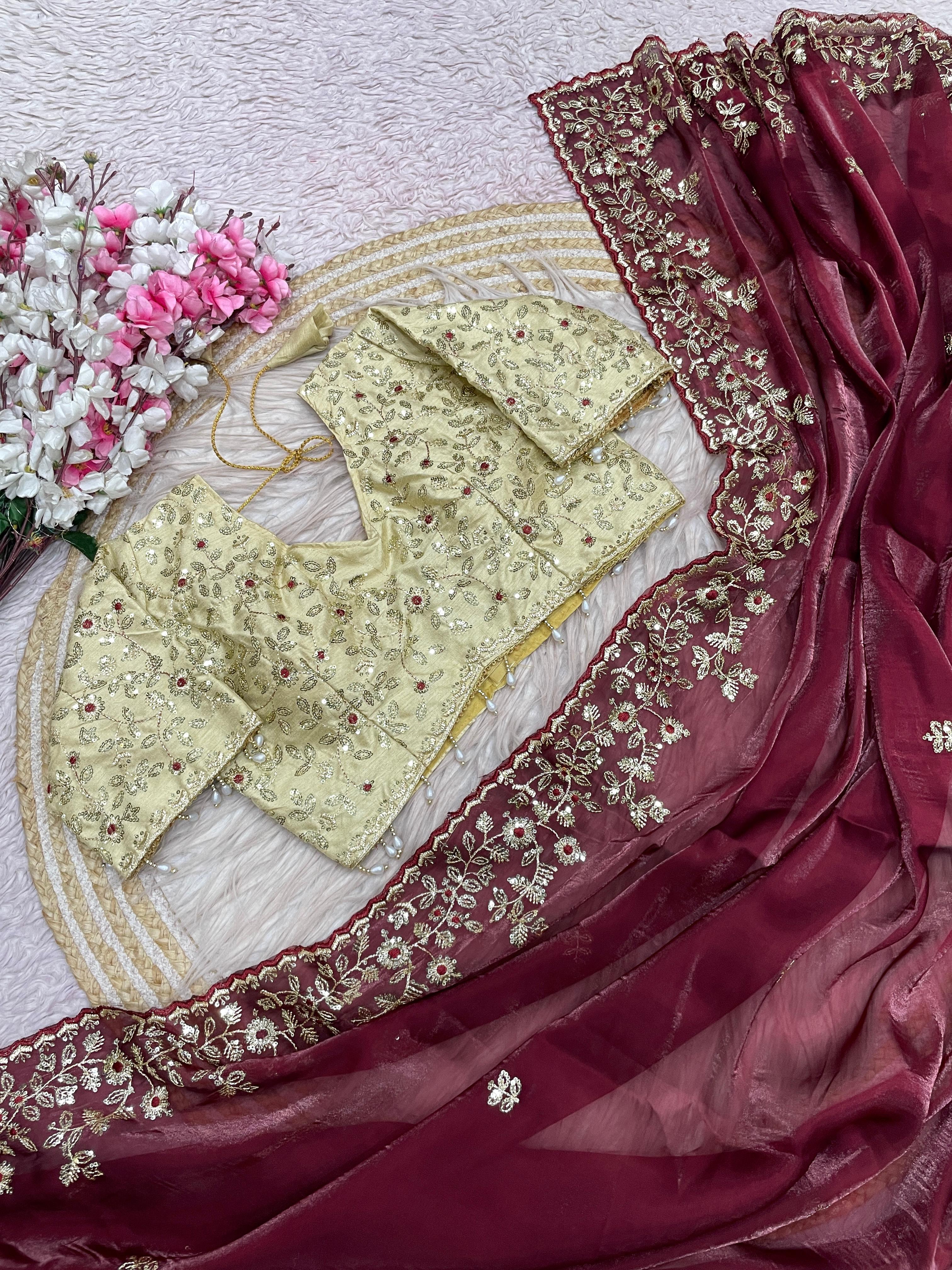 Fendy Satin Embroidered Saree With Stitched Blouse