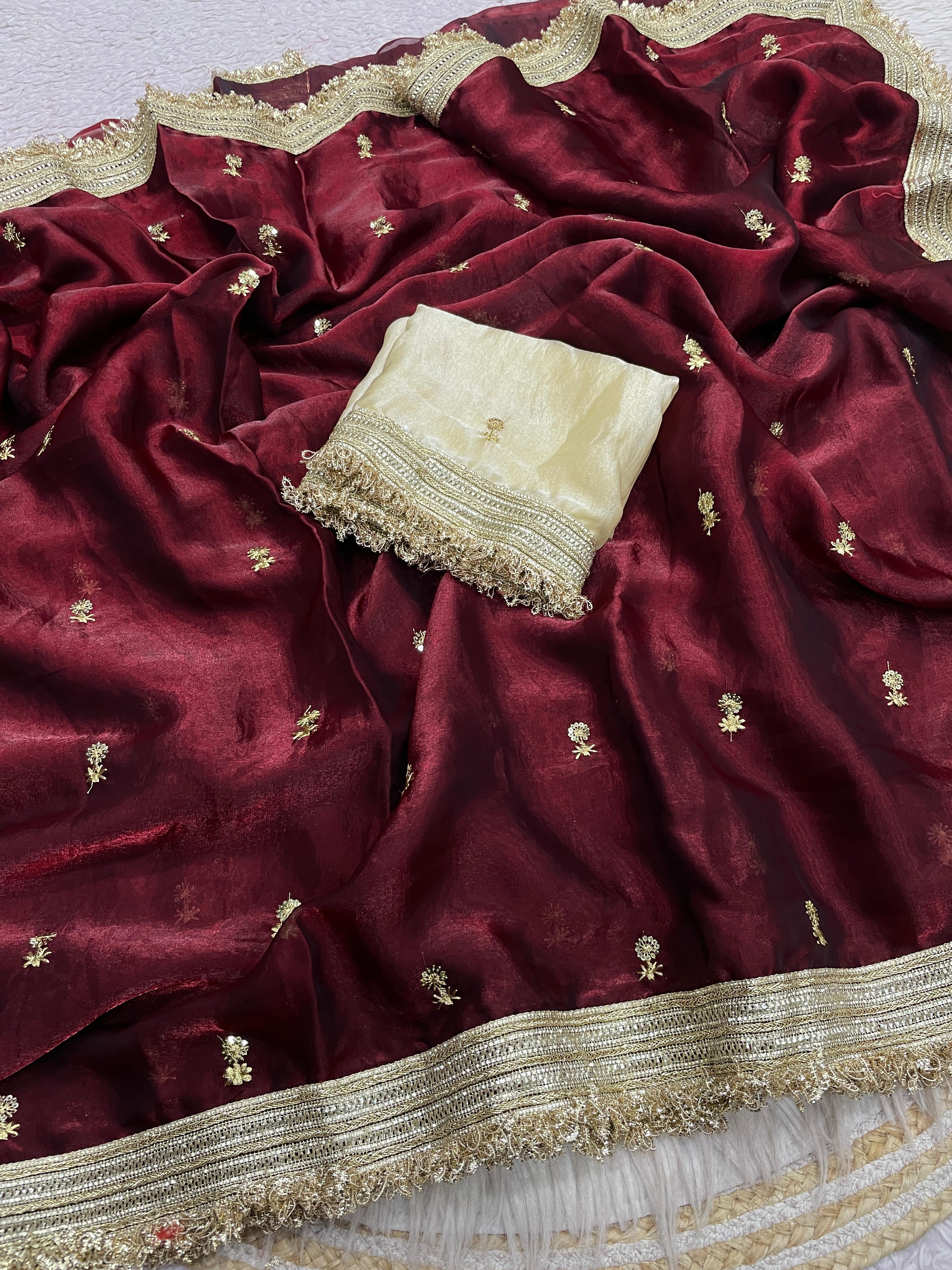 Fandy Satin Saree with Sequin Butti Work and Lace Border