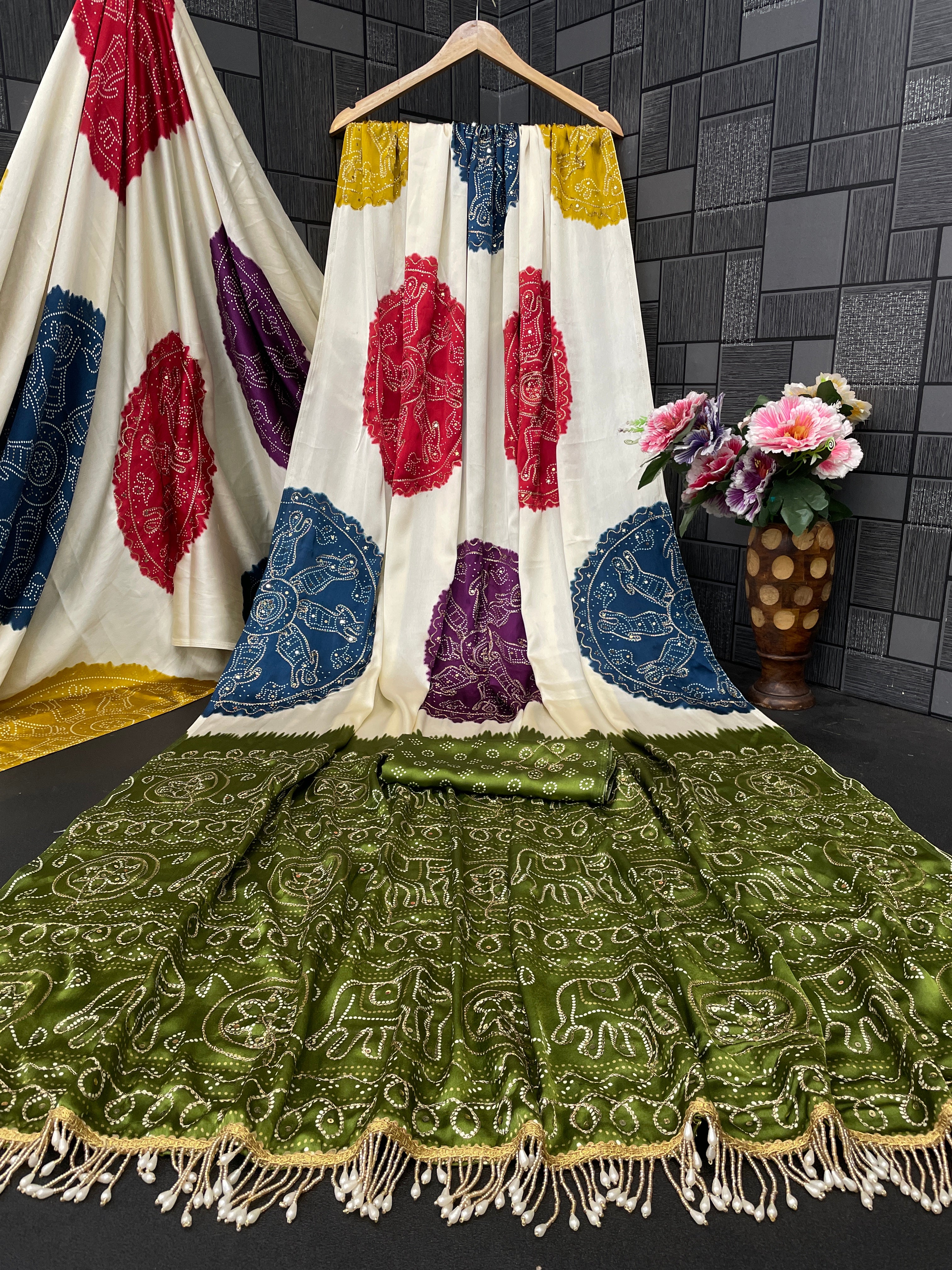 Satin Silk Saree with Bandhani Style Circular Motifs & Tassel Border