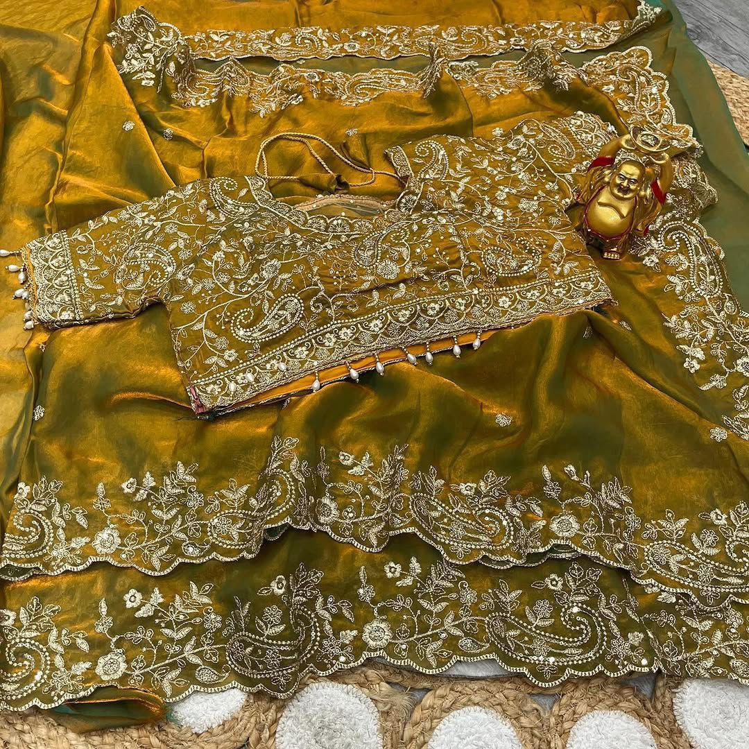 Fendy Satin Embroidered Saree With Stitched Blouse