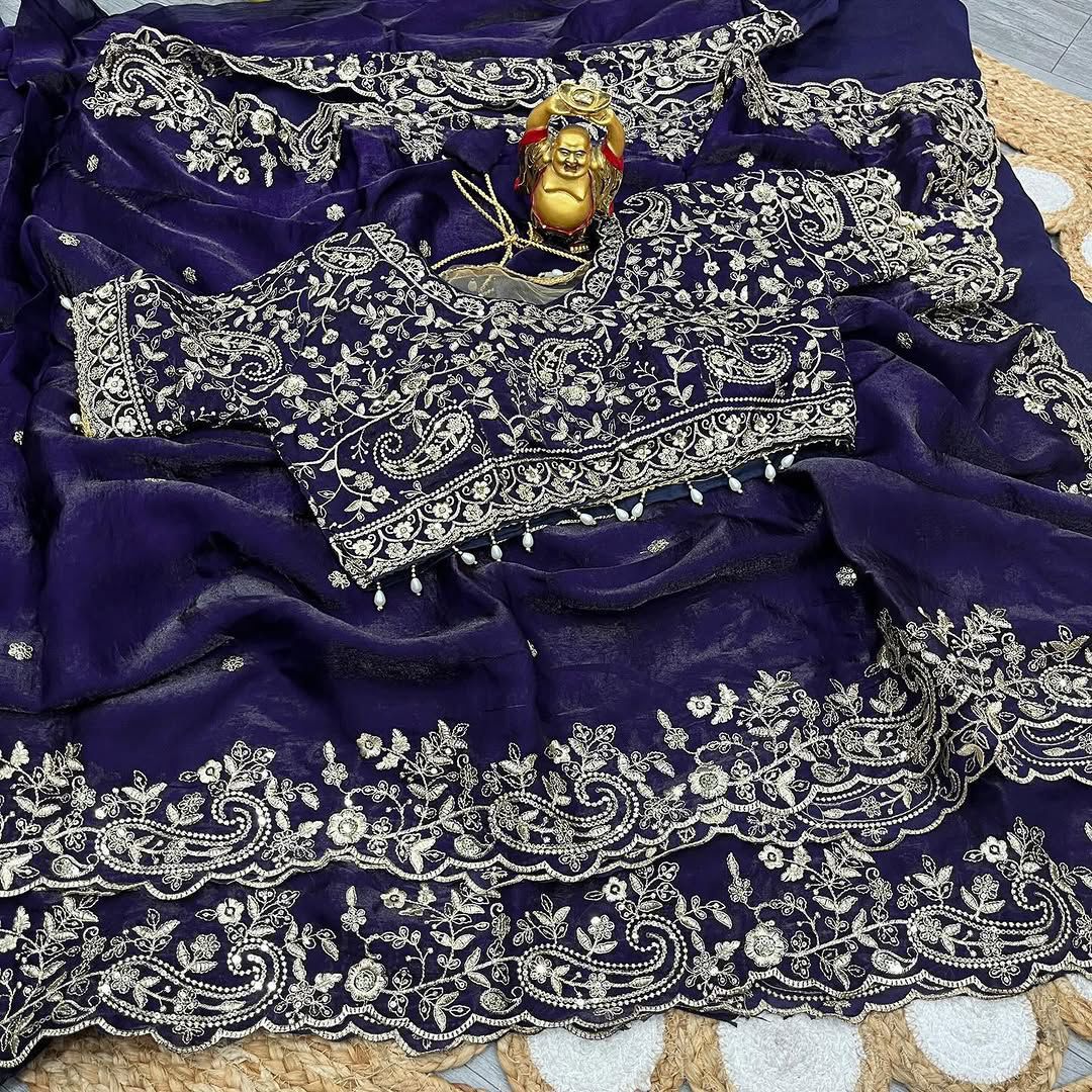 Fendy Satin Embroidered Saree With Stitched Blouse