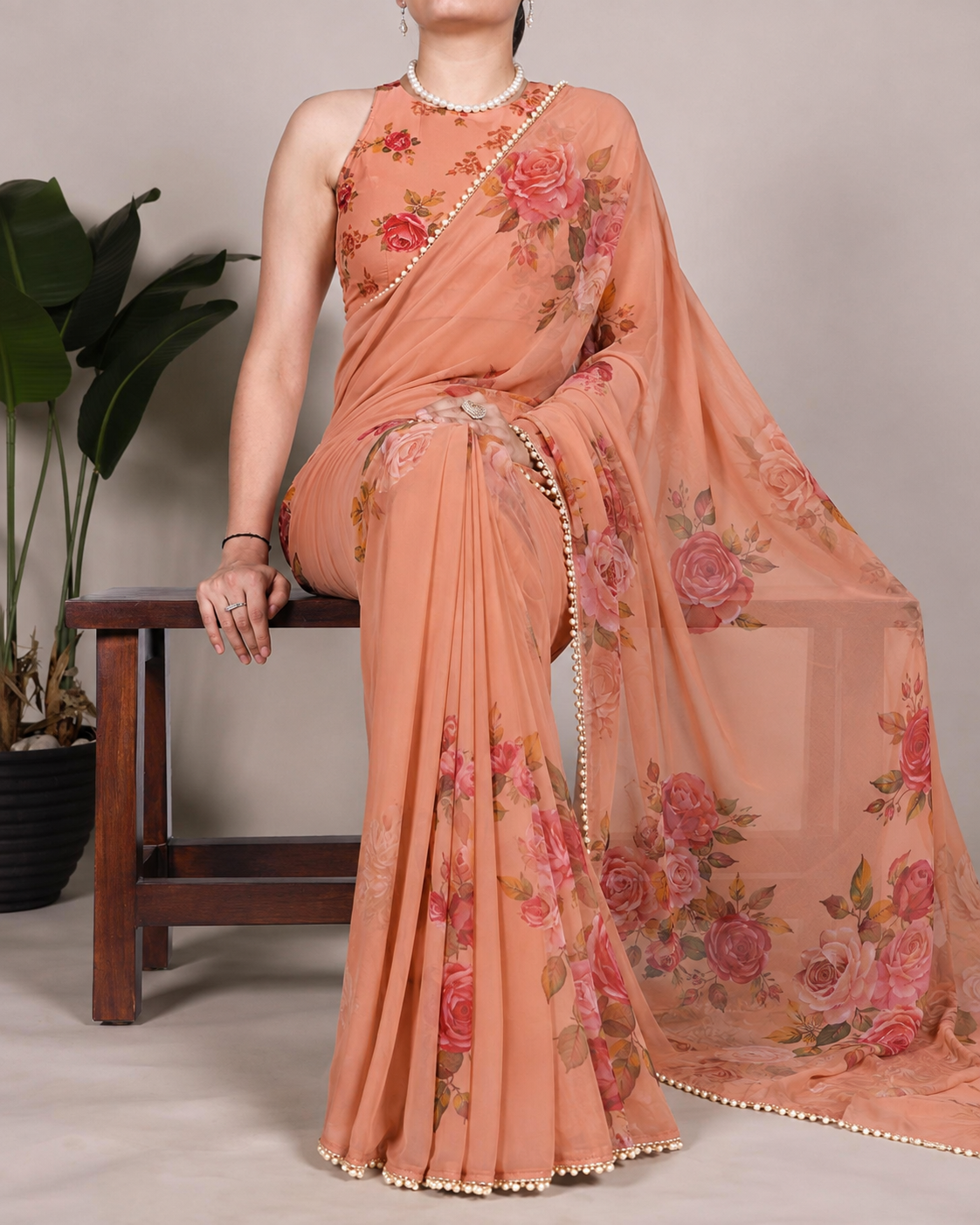Floral Printed Georgette Saree with Pearls Lace Work Border