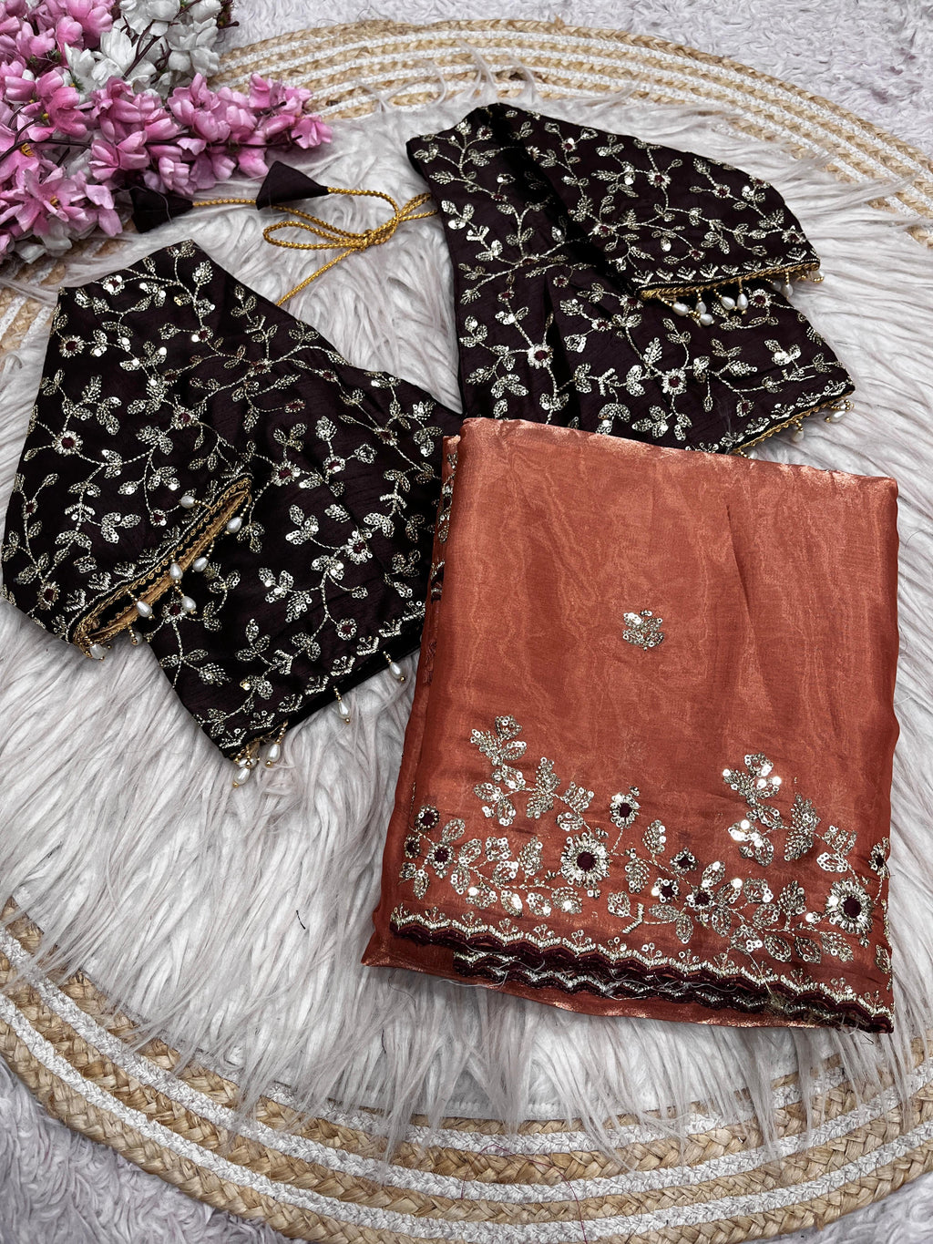 Fendy Satin Embroidered Saree With Stitched Blouse