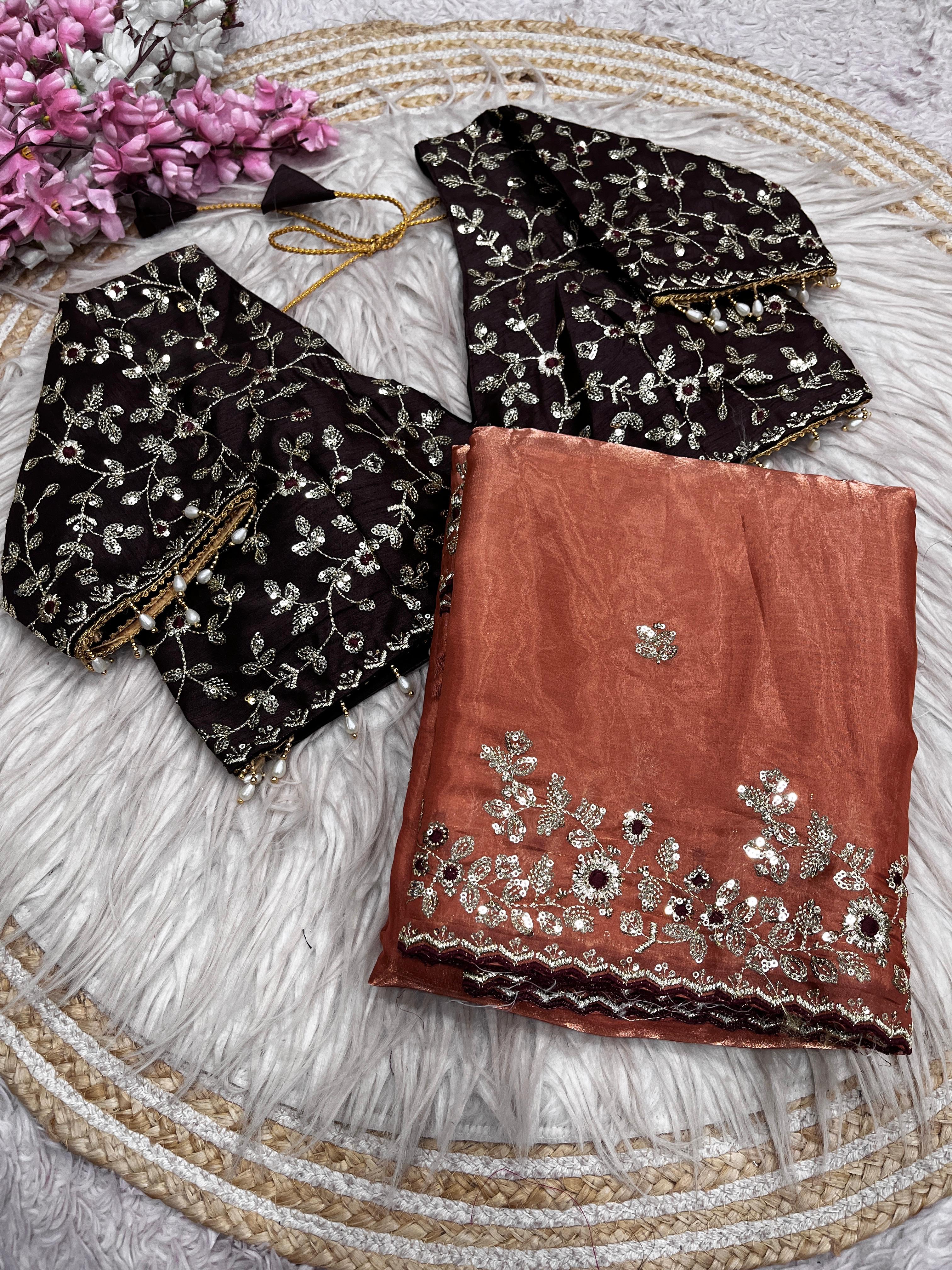 Fendy Satin Embroidered Saree With Stitched Blouse