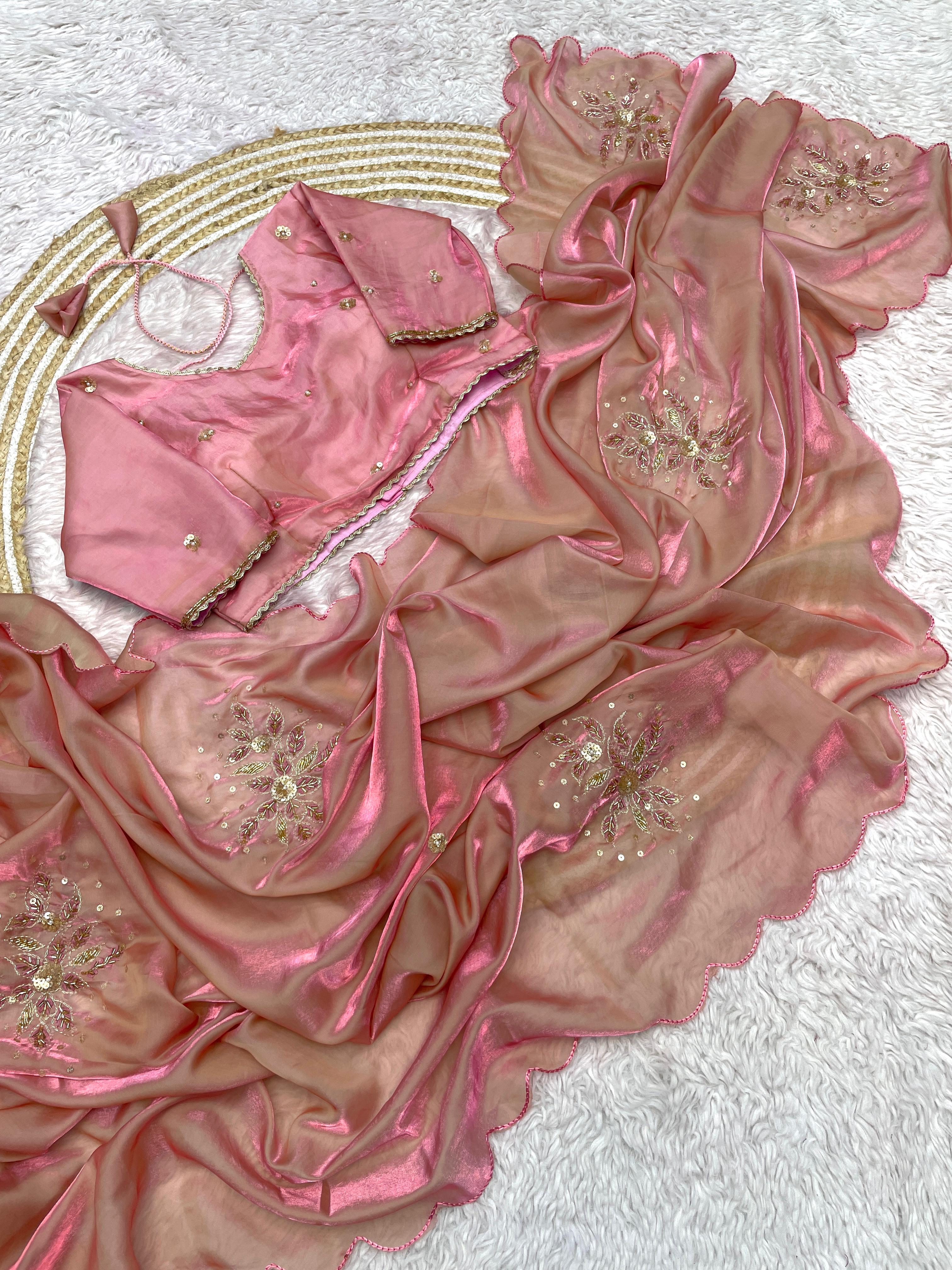 Fandy Satin Khatli Handwork Saree With Stiched Blouse