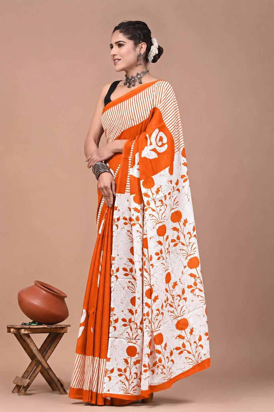 Ready to Wear Jaipuri Mul Cotton Saree for Women | Ikat Batik Printed Pre-Draped Saree