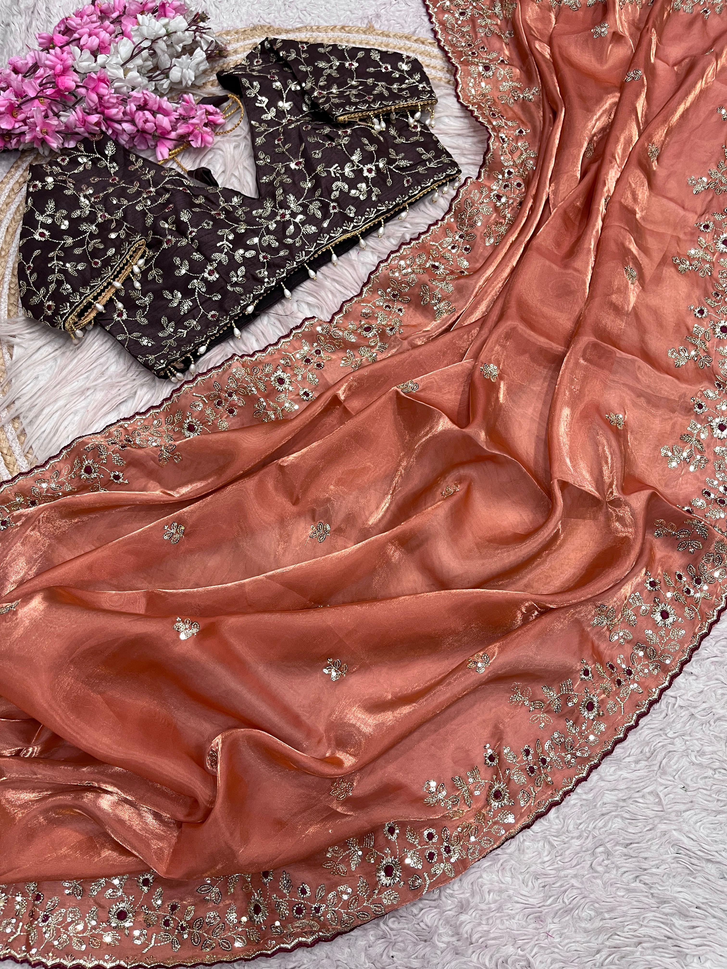 Fendy Satin Embroidered Saree With Stitched Blouse