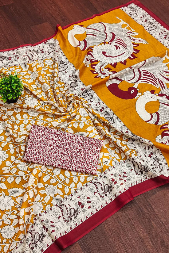 Woman's Kalamkari Hand Block Print Saree with Mulmul Cotton