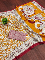 Woman's Kalamkari Hand Block Print Saree with Mulmul Cotton