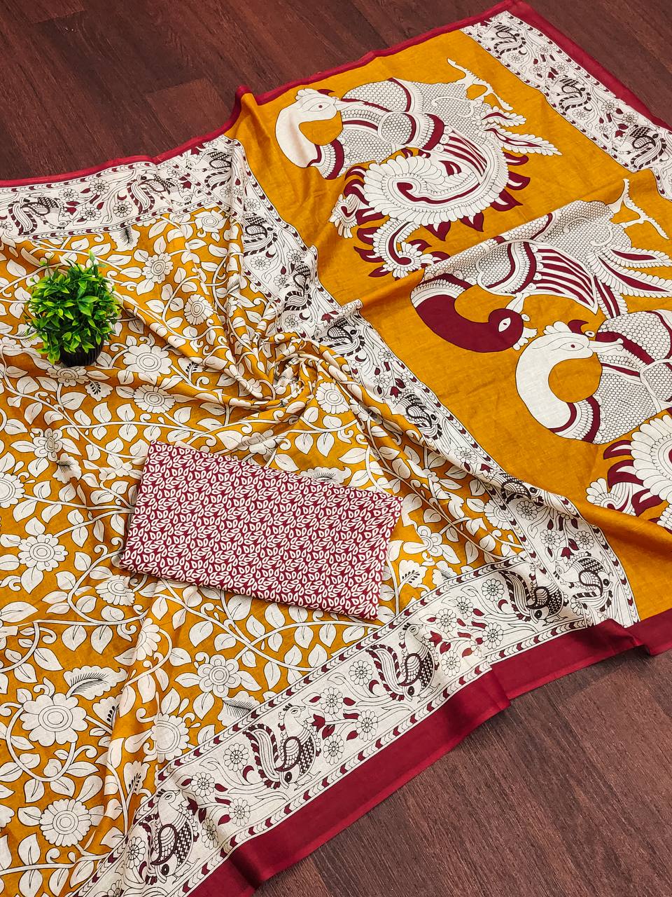 Woman's Kalamkari Hand Block Print Saree with Mulmul Cotton