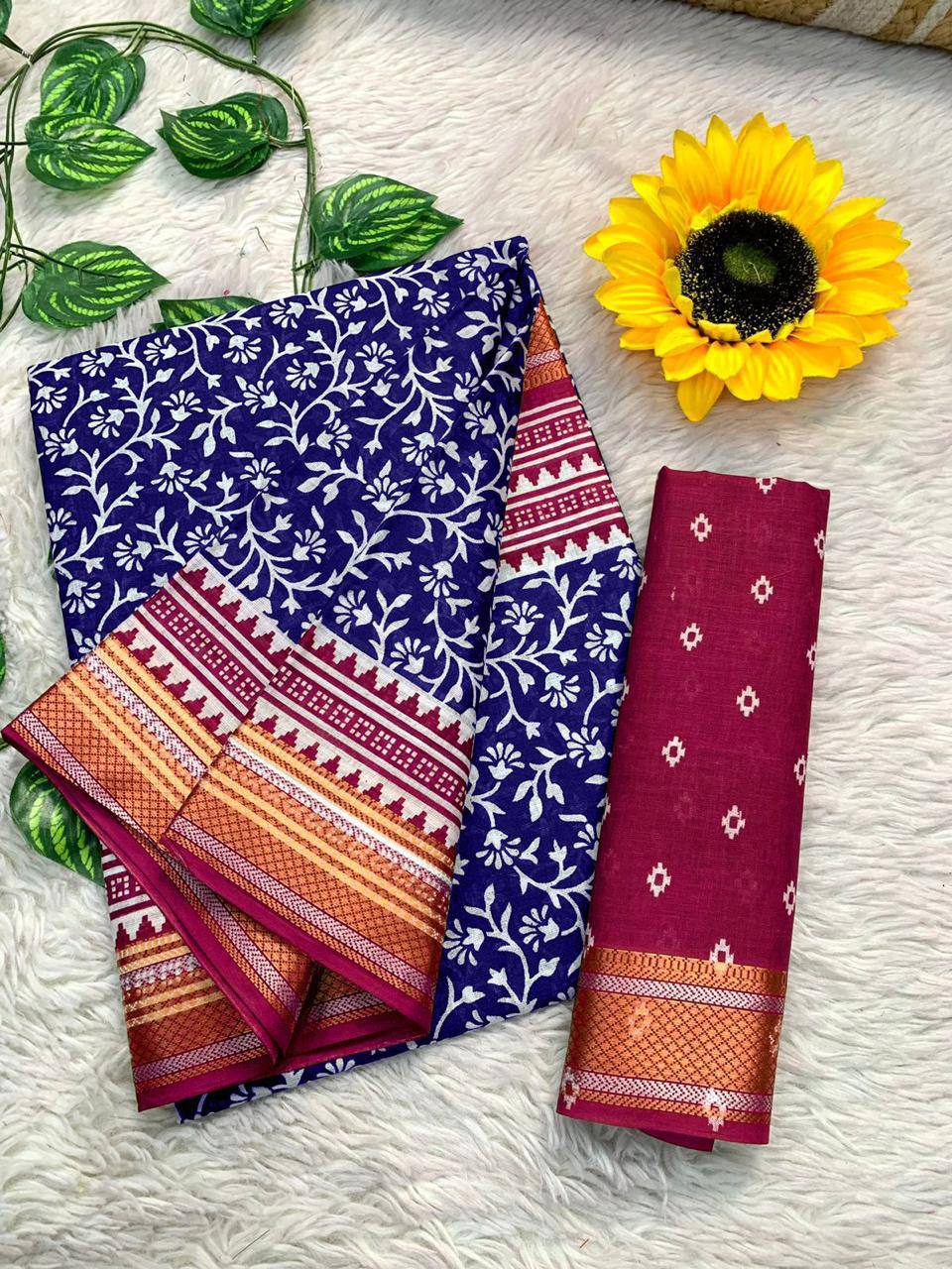 Ajrakh Printed Elegance Mulmul Cotton Zari Border Saree