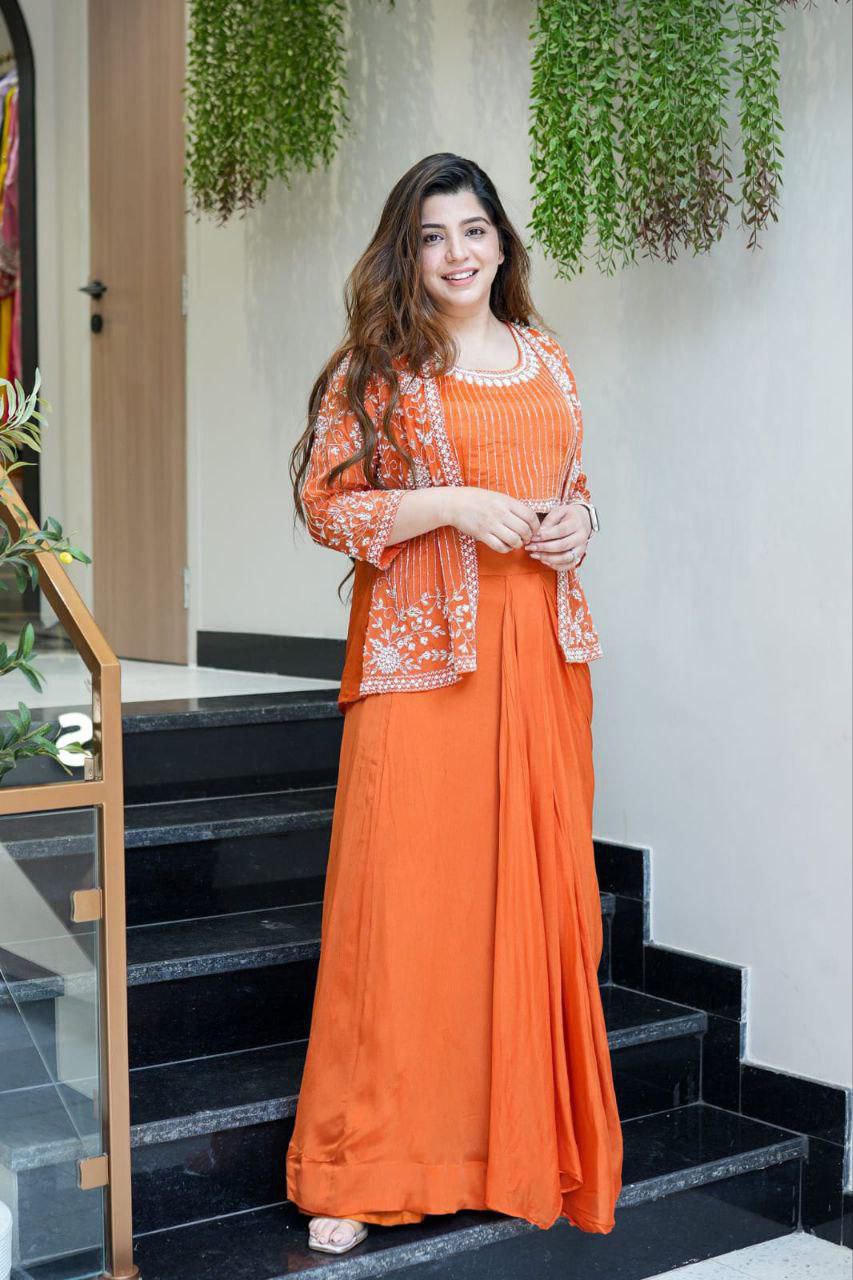 Embroidered Indo-Western Draped Skirt & Crop Top with Blazer Jacket