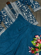Embroidered Indo-Western Draped Skirt & Crop Top with Blazer Jacket