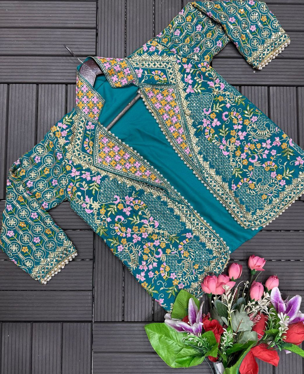 Designer Mehndi Green 3-Piece Palazzo Set with Heavy Embroidered Jacket