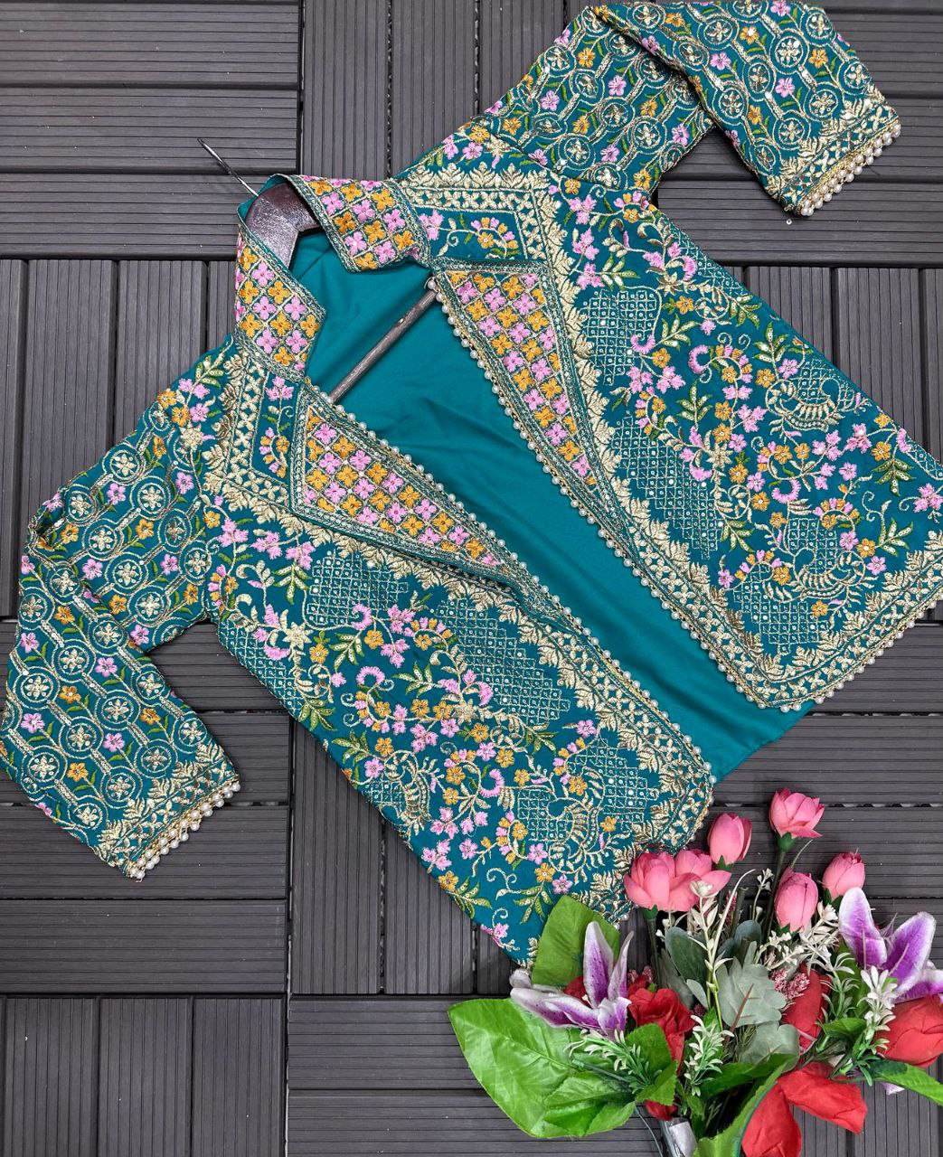 Designer Mehndi Green 3-Piece Palazzo Set with Heavy Embroidered Jacket