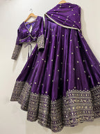 Women's Embroidered Sequins Lace Chinnon Lehenga with Dupatta Set